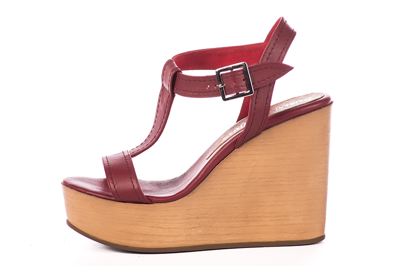 Cardinal red women's fully open sandals, with an instep strap. Round toe. Very high wedge soles. Profile view - Florence KOOIJMAN